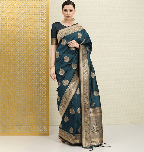 Teal & Gold-Toned Ethnic Motifs Zari Silk Blend Banarasi Saree